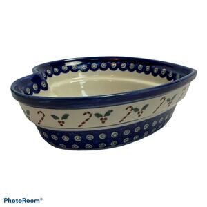 Boleslawiec Momo Panache Heart Dish Blue Candy Cane Christmas Baking Casserole
